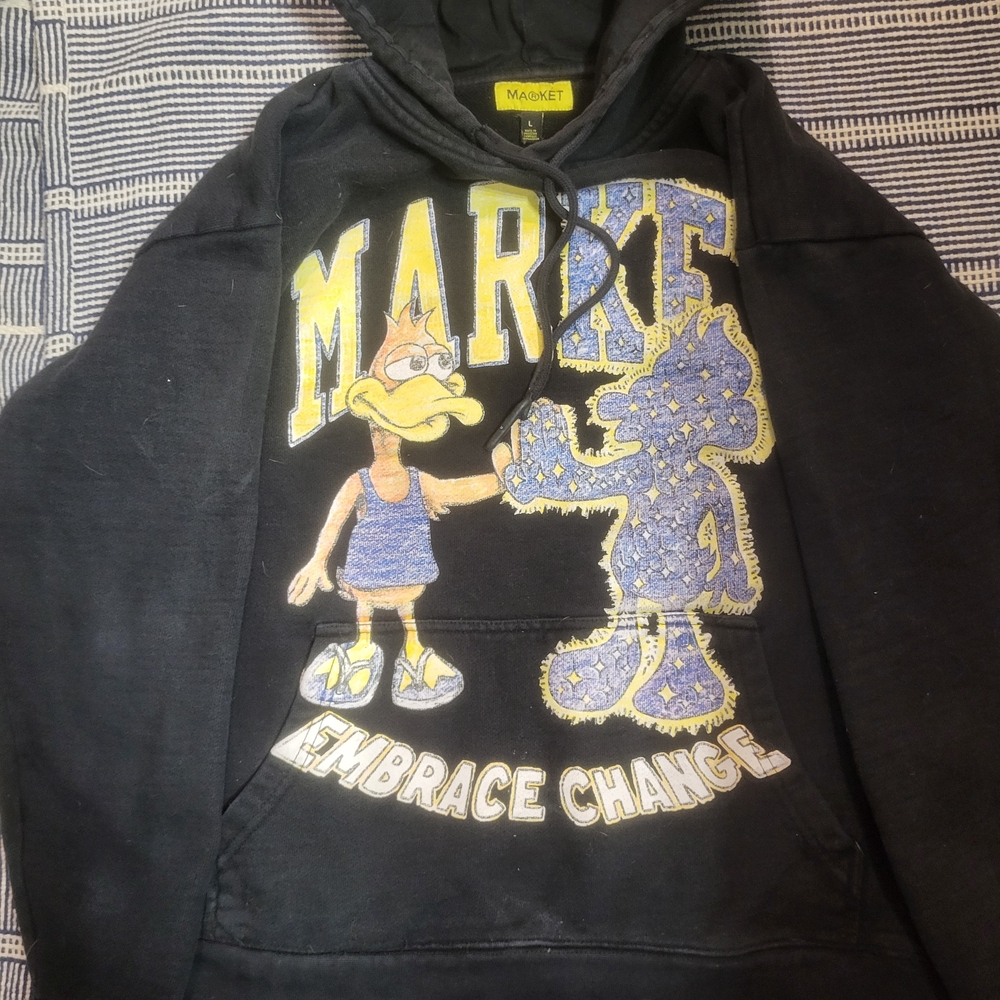 Arket Black Hoodie with Blue and Yellow Graphic